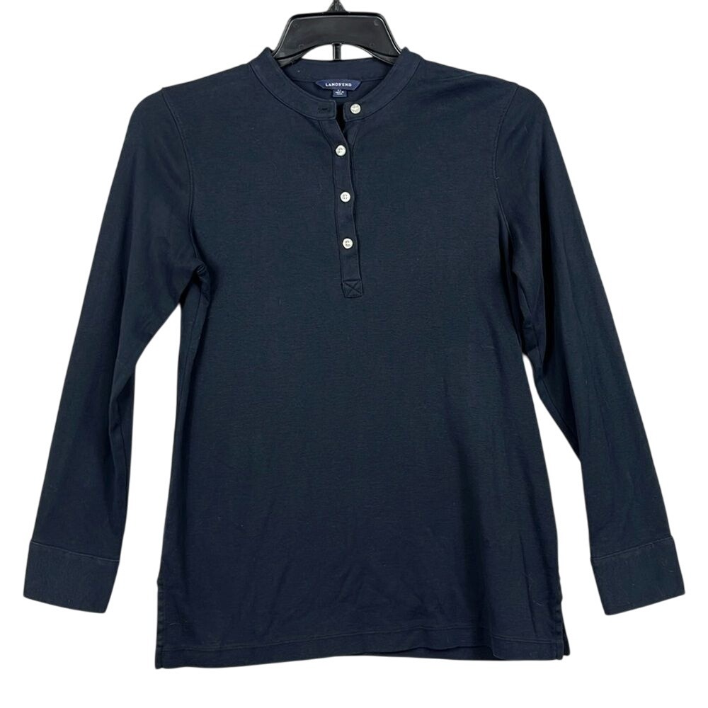 Lands End Long‎ Sleeve Pullover Shirt Womens Size Small 6-8 Navy Blue Buttons